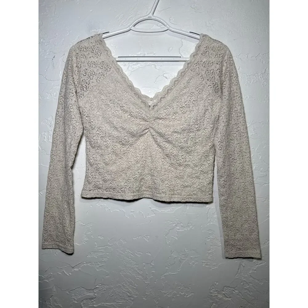 No boundaries white lace overlay cropped long sleeve‎ shirt womens medium y2k